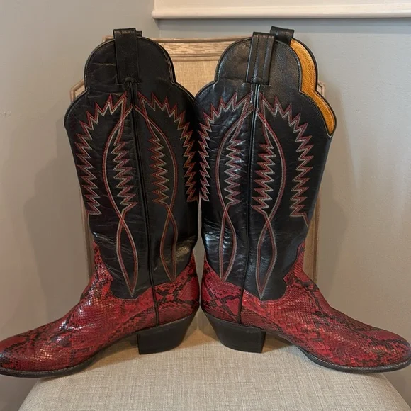 Panhandle Slim Red & Black Snakeskin Cowboy Boots women sz 7 - Picture 4 of 12